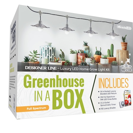 Miracle Led 4-Socket Greenhouse in a Box Grow Light Kit Full Spec 9W Replc 150W Bulb, Silver Shades, Timer, 4PK 802423